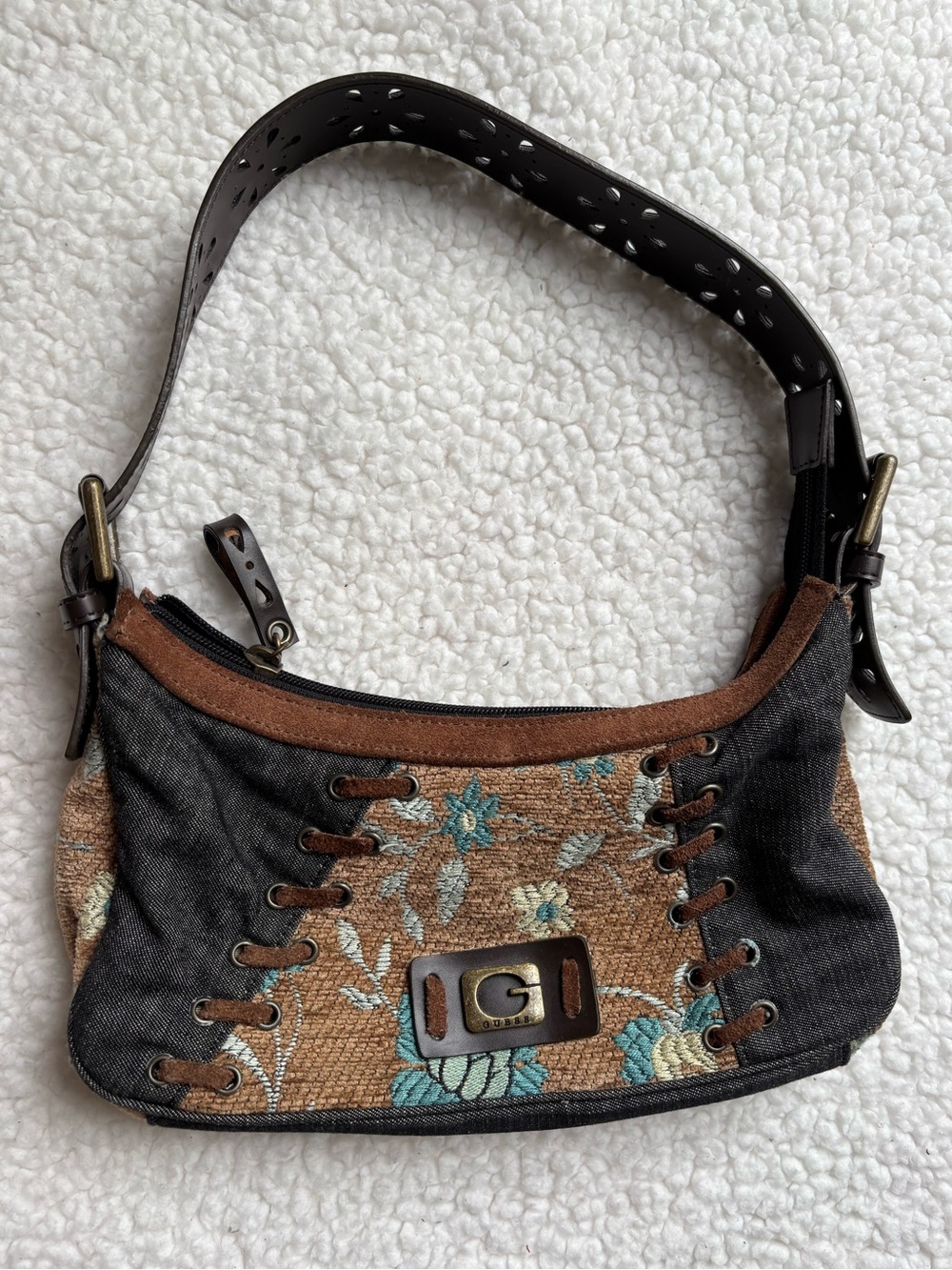 RARE Guess Vintage Y2K Brown & Denim Floral Embroidered Shoulder Bag